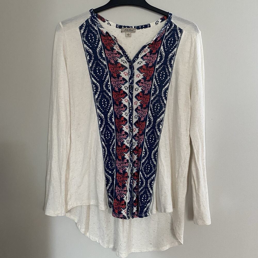 Lucky Brand Knit Button Front Top Ivory Roll Tab Sleeve Boho Blouse Sz Large